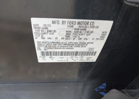 2013 Ford Explorer from USA, damaged, VIN 1FM5K7B95DGC26290